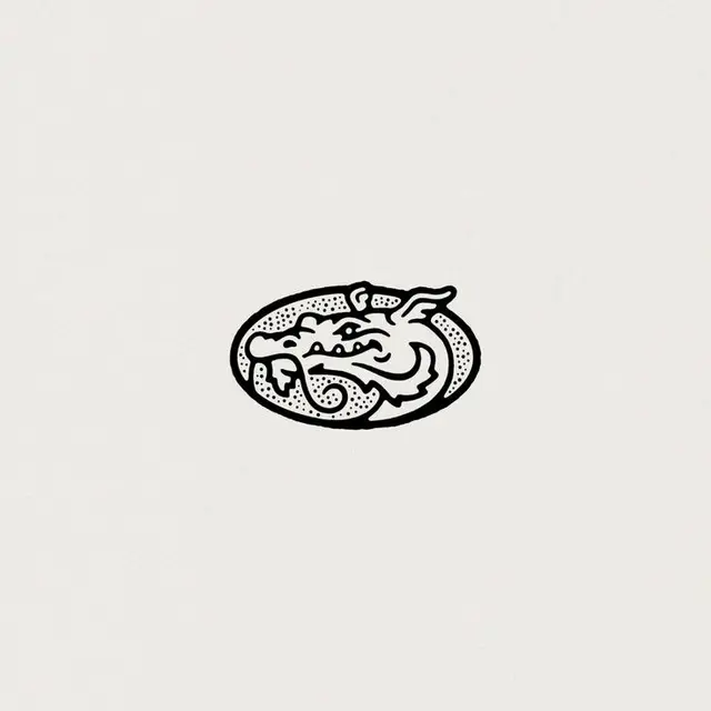 Minimal black dragon head emblem in stippled oval
