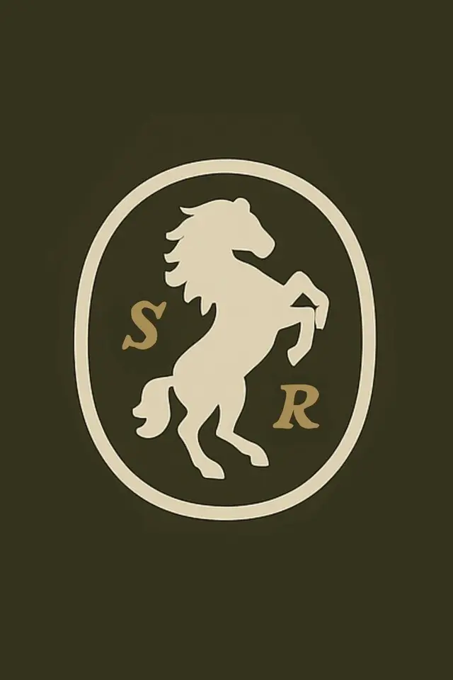 Rearing horse emblem with serif S and R