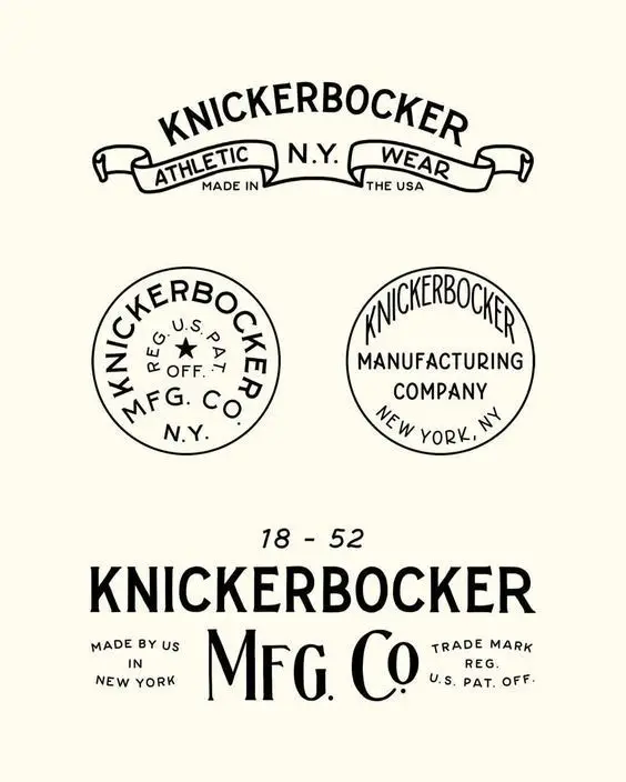 Knickerbocker vintage badge and wordmark set — ribbon, circular seals, Mfg. Co. typography