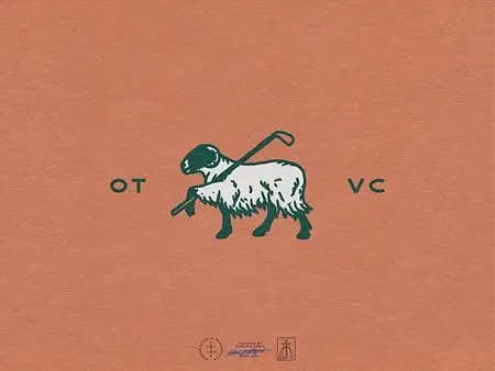 Terracotta letterpress-style sheep emblem with shepherd's crook