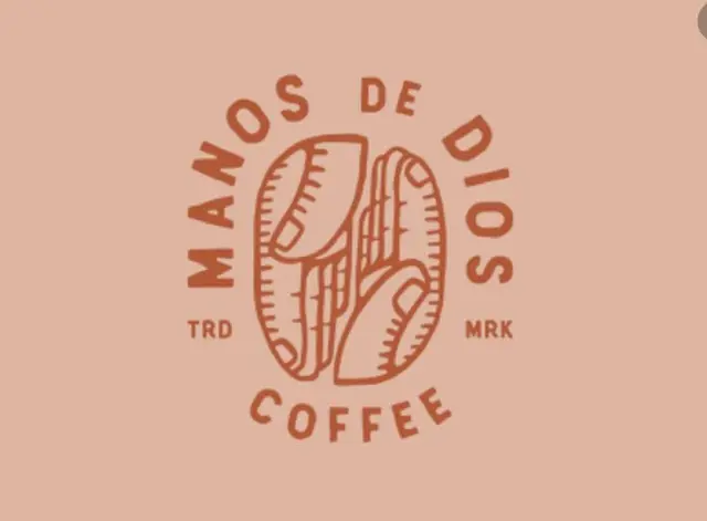 Manos de Dios Coffee — terracotta badge logo on peach background