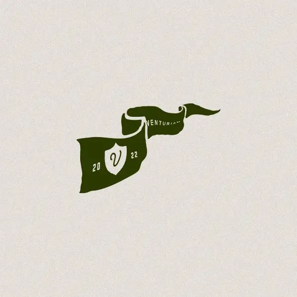 Olive-green ribbon badge logo with shield monogram (2022)