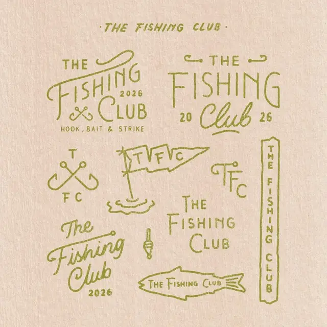 Hand-drawn 'The Fishing Club' logo and badge set — olive ink on textured paper