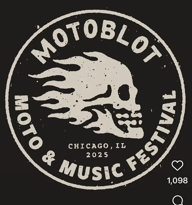 Motoblot 2025 circular flaming-skull badge — Chicago moto & music festival