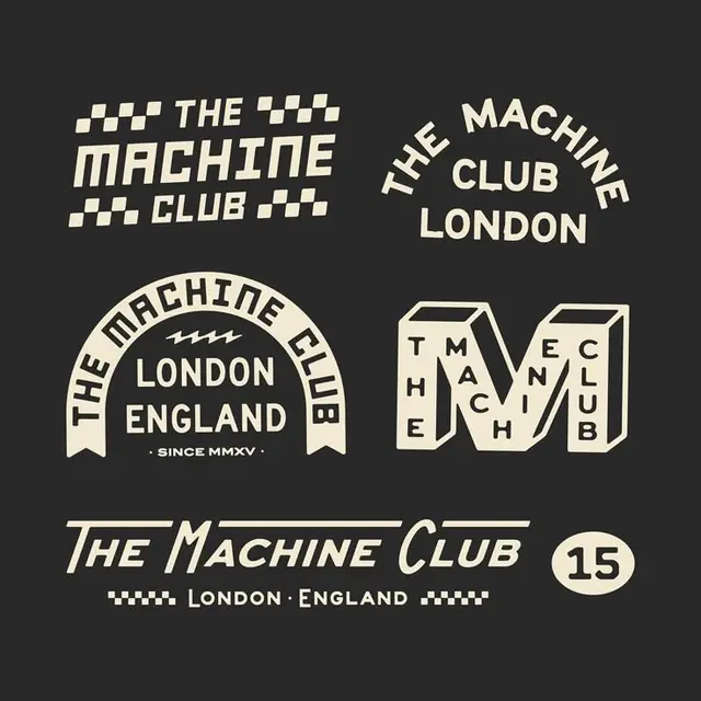 The Machine Club — vintage badge logo set (London, England)