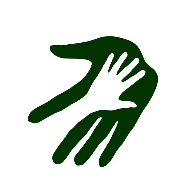 Green hand logo with white negative-space inner hand