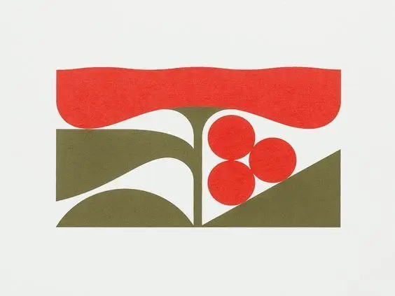 Mid-century modern abstract botanical print — red banner, olive leaves, three red berries