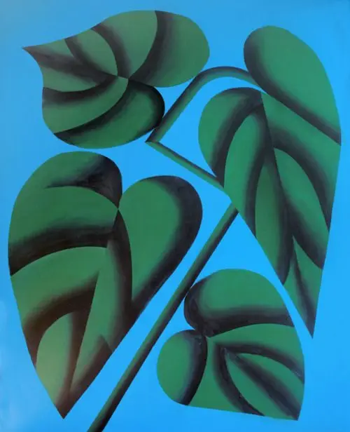 Stylized Green Leaves on Bright Cyan Field