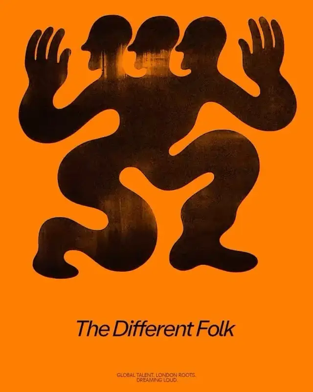 The Different Folk — Orange poster with three‑headed silhouette