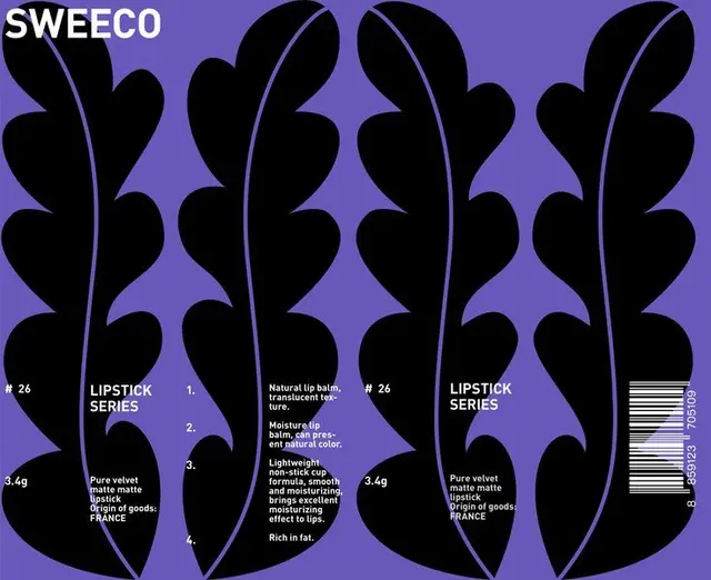 SWEECO Lipstick Series packaging — purple background with black leaf silhouettes
