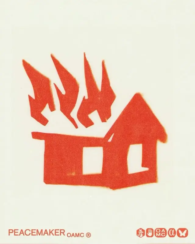 PEACEMAKER OAMC — red house-on-fire graphic poster