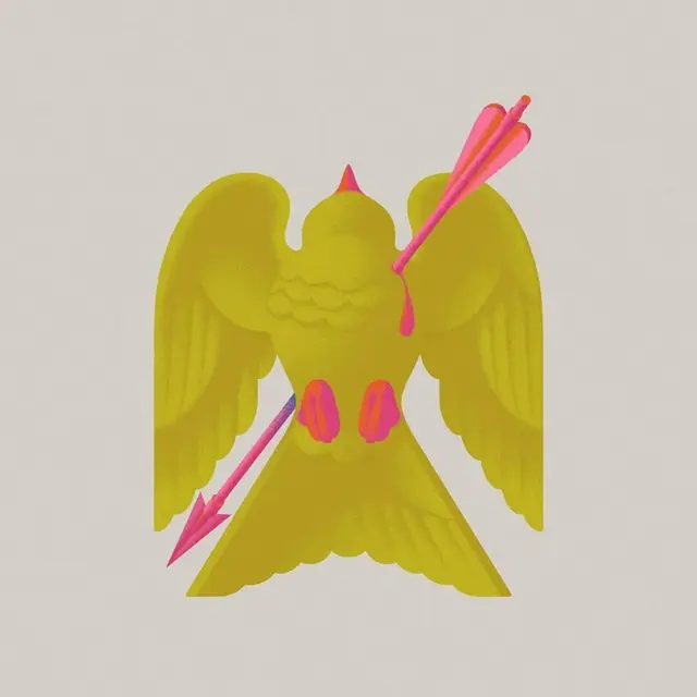 Yellow stylized bird pierced by neon-pink arrows — flat digital illustration