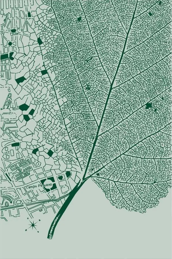 Leaf-Vein Overlay on Urban Street Map — Green Duotone
