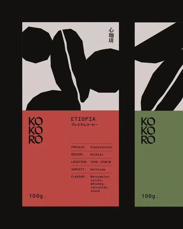 KOKORO Ethiopia coffee label — red 100g single-origin package design