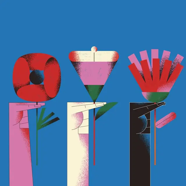 Three Geometric Flowers Held by Stylized Hands — Blue Poster Illustration