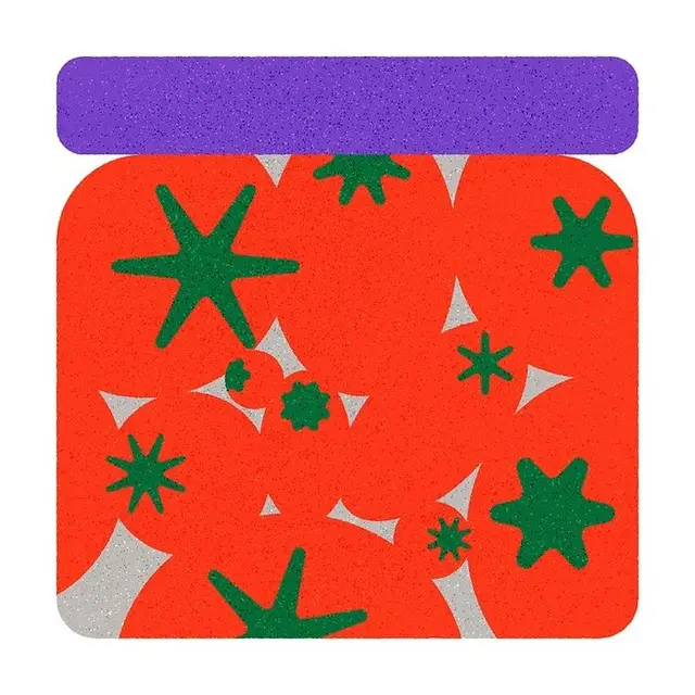 Graphic jam jar illustration with purple lid and green star motifs