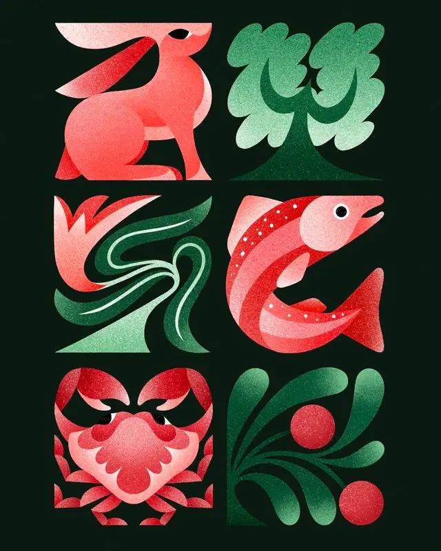 Six-panel nature icons — coral animals and green botanical motifs