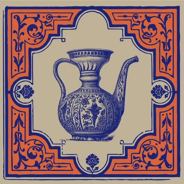 Ornate blue ewer on decorative tile with orange border
