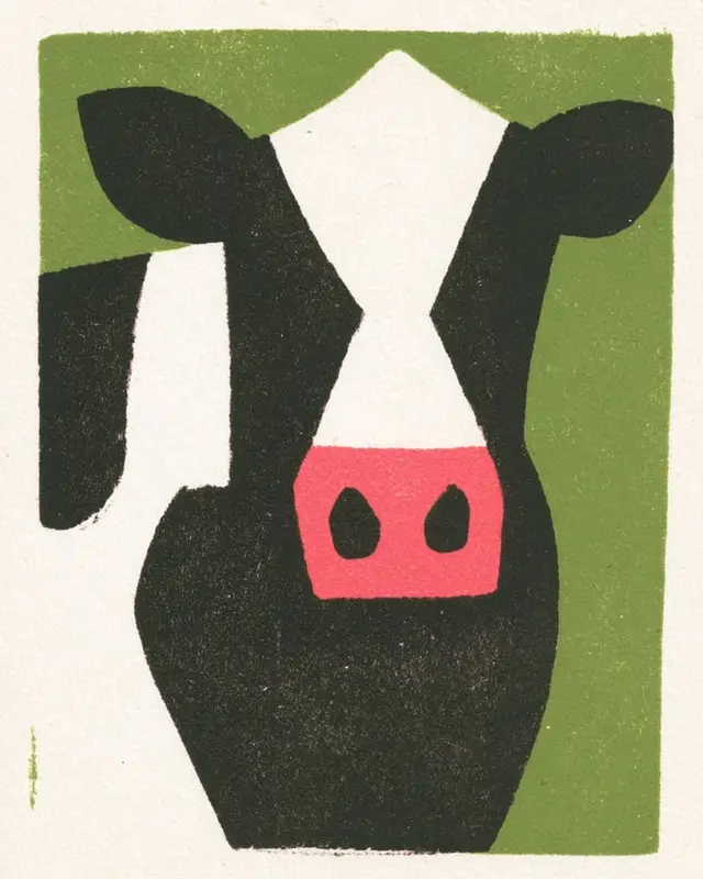 Block‑print Cow Portrait — Mid‑Century Minimalist Poster