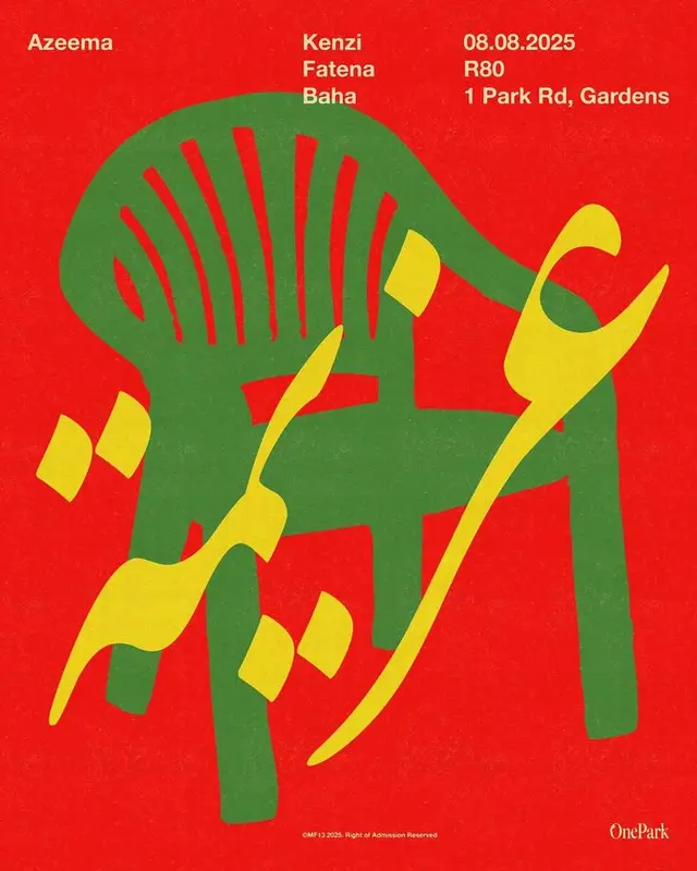 Azeema — OnePark event poster with green plastic chair and yellow Arabic calligraphy