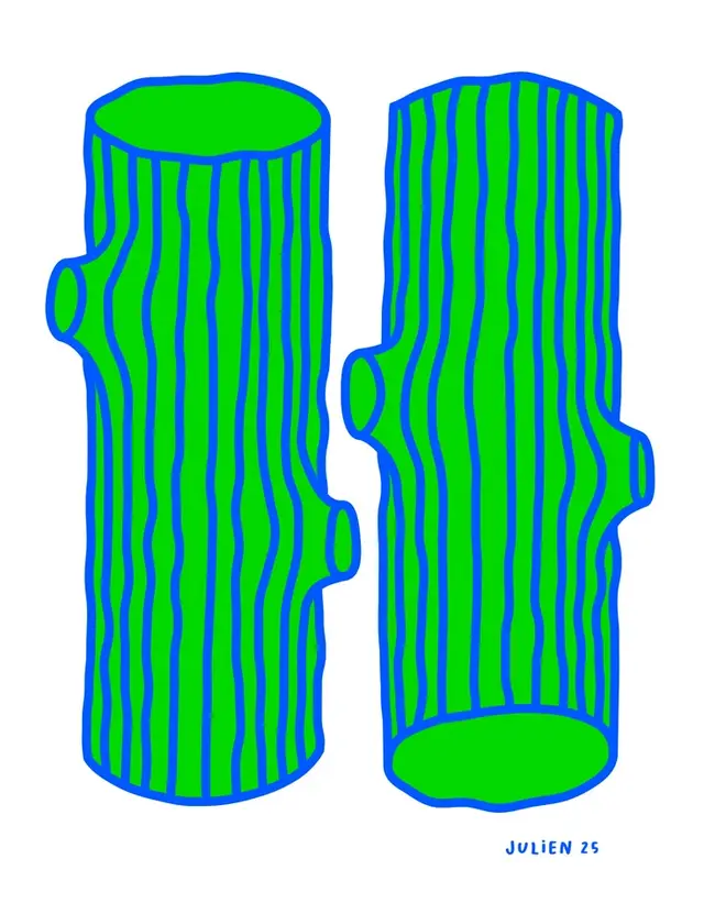 Twin stylized log illustration in neon green with blue outline (signed 'JULIEN 25')
