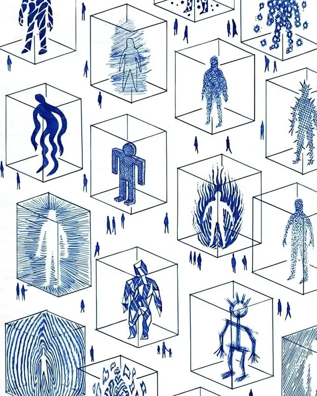 Blue pen illustration of human figures enclosed in wireframe cubes — repeating pattern