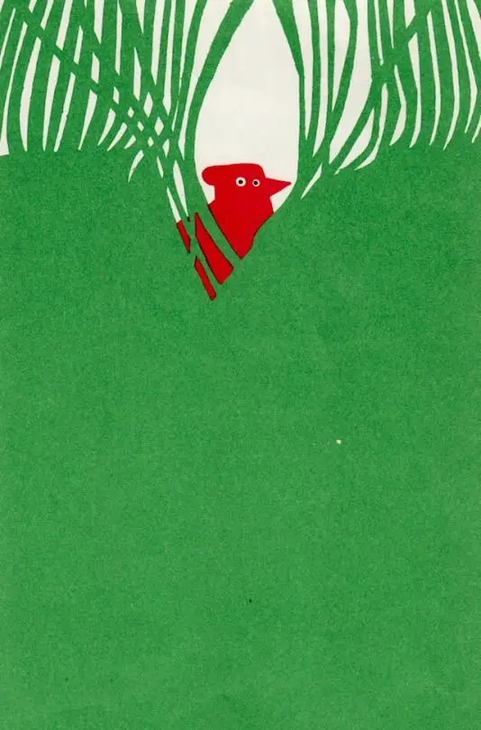 Minimal green poster with red figure peeking through palm fronds
