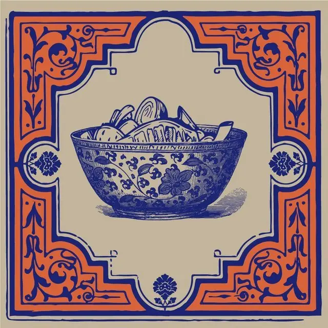Blue Floral Porcelain Bowl with Citrus in Ornate Orange Border