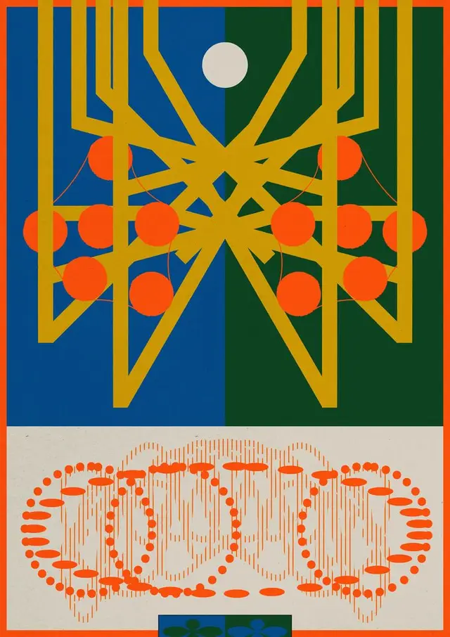 Geometric Chandelier Poster — Split Blue/Green Field with Mustard Frame and Orange Orbs