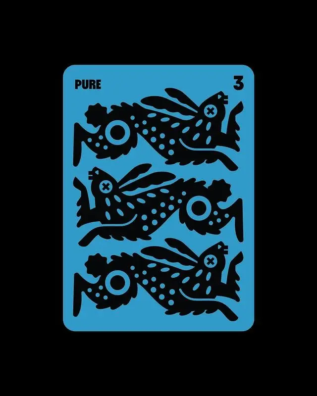 Playing-card style blue panel with three stacked black stylized hares — "PURE 3"