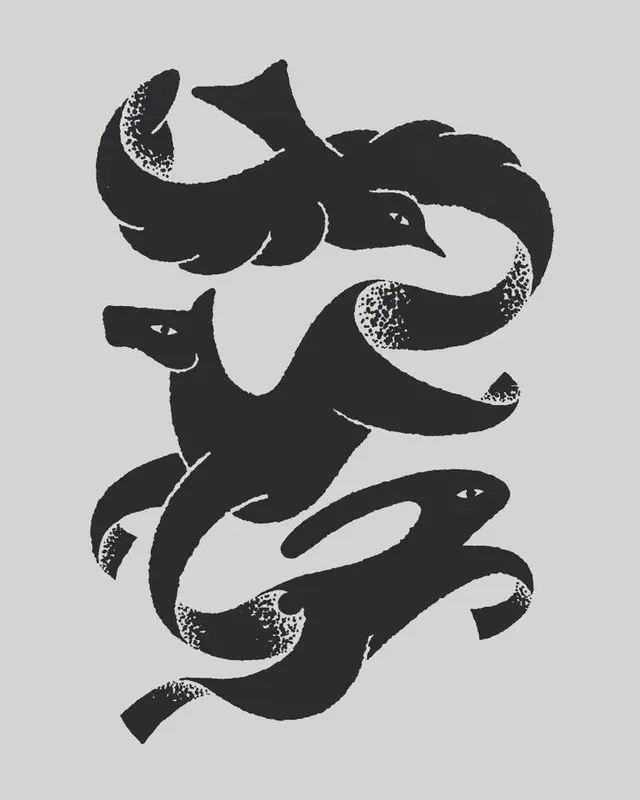Three Interlocking Black Animal Silhouettes — Stippled Print on Gray