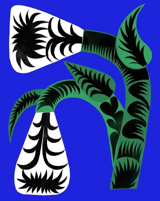 Bold cut-paper botanical collage on cobalt blue
