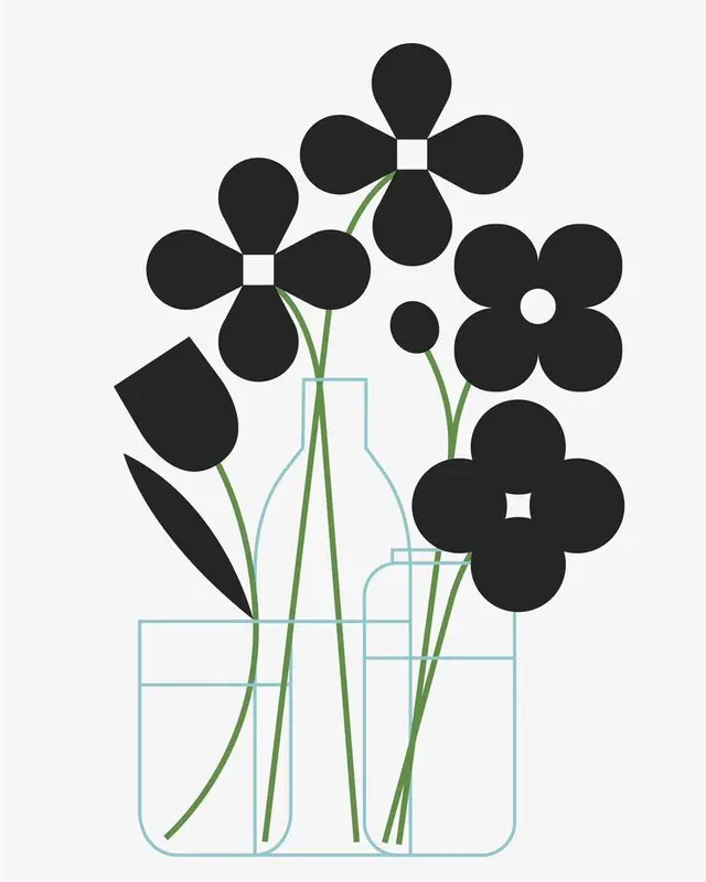 Minimalist black floral silhouettes with outlined glass vases