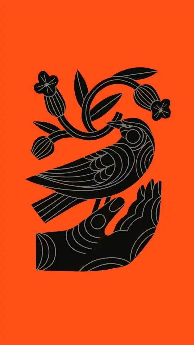 Black Folk‑Art Bird on Hand with Curving Botanical Branch — Orange Poster