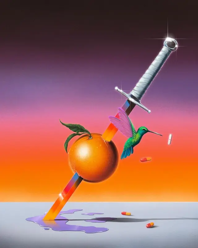 Sword Piercing Orange with Hummingbird and Capsules — Surreal Gradient Still Life