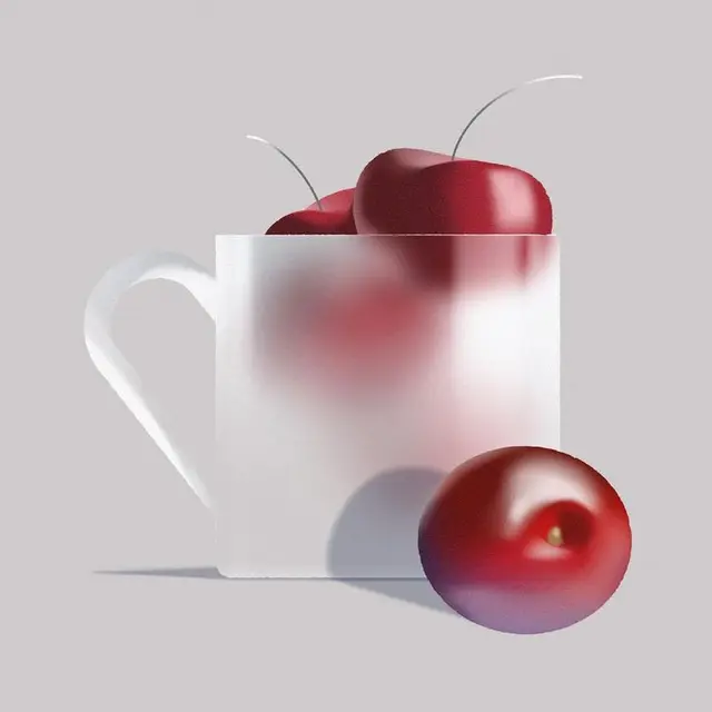 Frosted glass mug with glossy red cherries — minimal still life