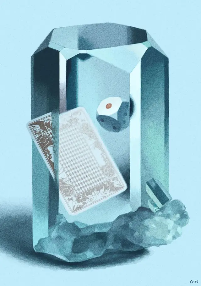 Playing card and die encased in aquamarine faceted crystal — illustration