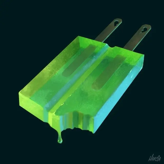 Neon Green Twin Popsicle Pierced by Metal Prongs (signed "Marcia")