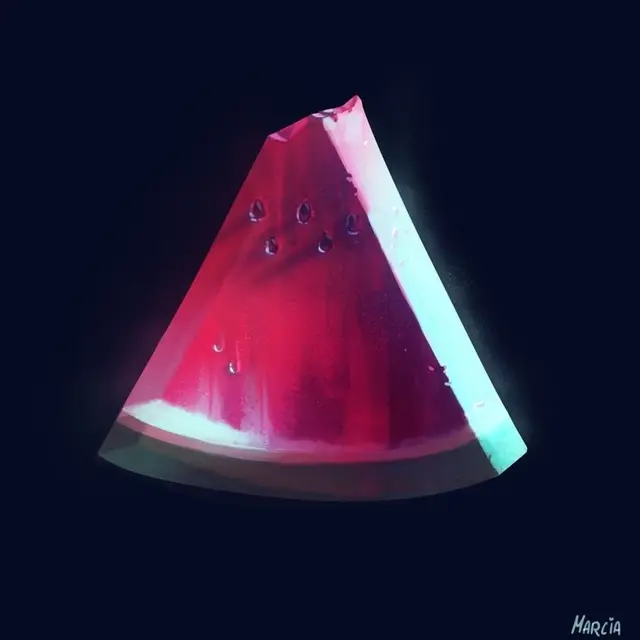 Neon-lit Watermelon Slice — digital painting signed "Marcia"