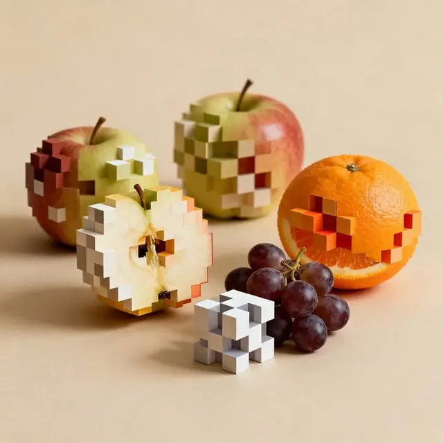 Voxel-style still life with apples, orange and grapes