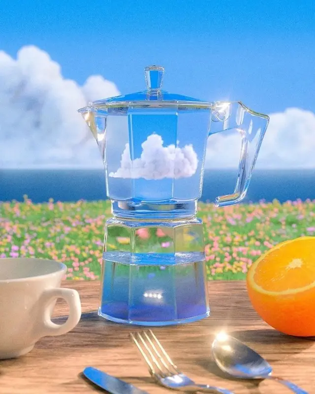 Glass Moka Pot with Floating Cloud — Surreal Seaside Breakfast Still Life