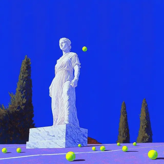 Classical Marble Statue with Scattered Neon Tennis Balls