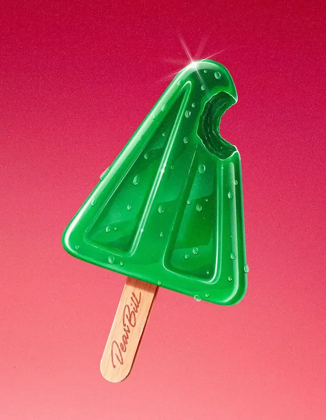 Emerald triangular popsicle illustration with bite and wooden stick