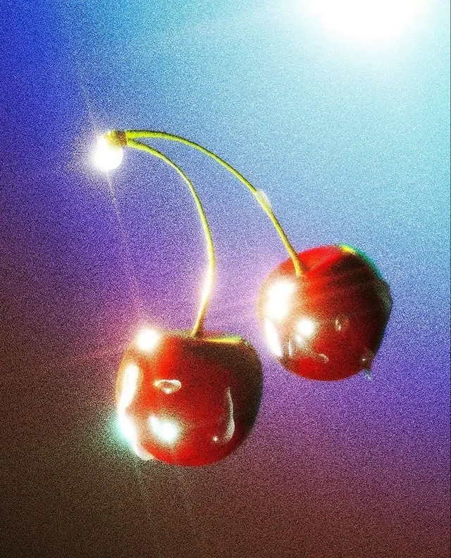 Glossy Twin Cherries — Grainy Neon Still Life