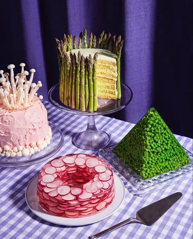 Vegetable cake still life — asparagus layer cake, enoki mushroom cake, radish jelly ring,