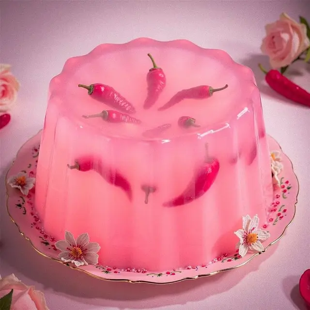 Translucent Pink Gelatin Mold with Whole Red Chili Peppers on Floral Porcelain Plate