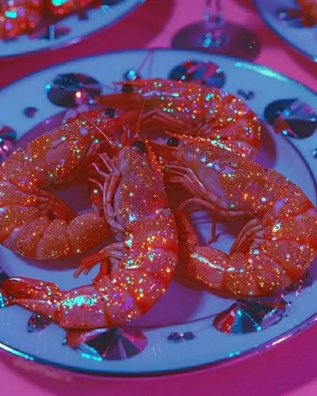 Neon-Glitter Shrimp on Studded Ceramic Plate