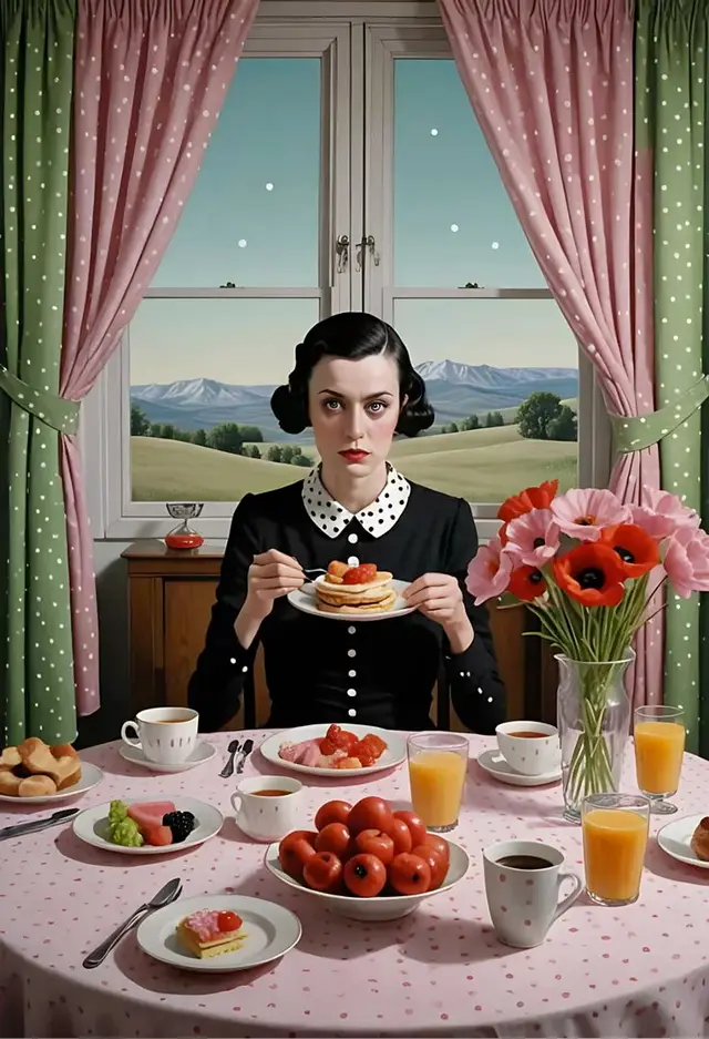 Woman at a Polka-Dot Breakfast Table with Poppies and Window View