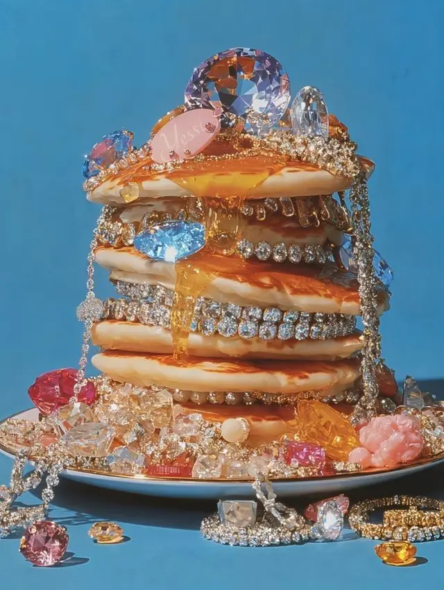 Pancake stack decorated with rhinestone jewelry and crystal gems