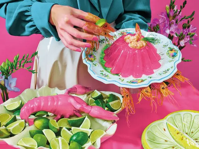 Surreal Pink Shrimp Jell-O on Floral China with Lime Wedges